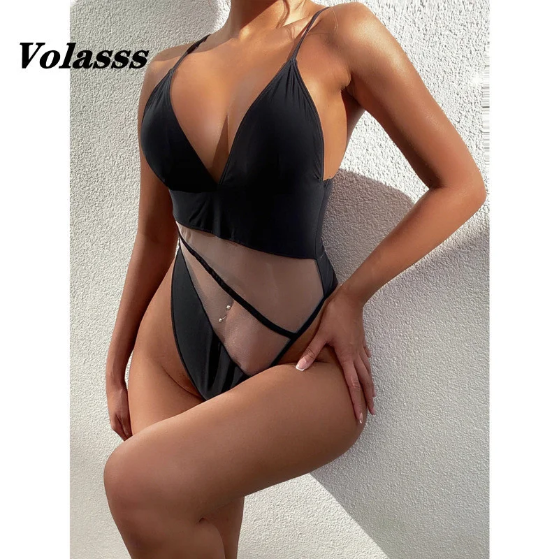 

Цельный купальник, женское бикини с V-образным вырезом, однотонный сетчатый купальник, женский сексуальный купальный костюм в стиле пэчворк...