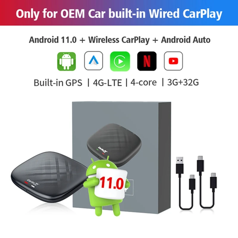 

Carlinkit Carplay Ai Box Android 11.0 3+32G Multimedia Player 4GLTE WIFI Audio GPS Navigation Netflix For Car