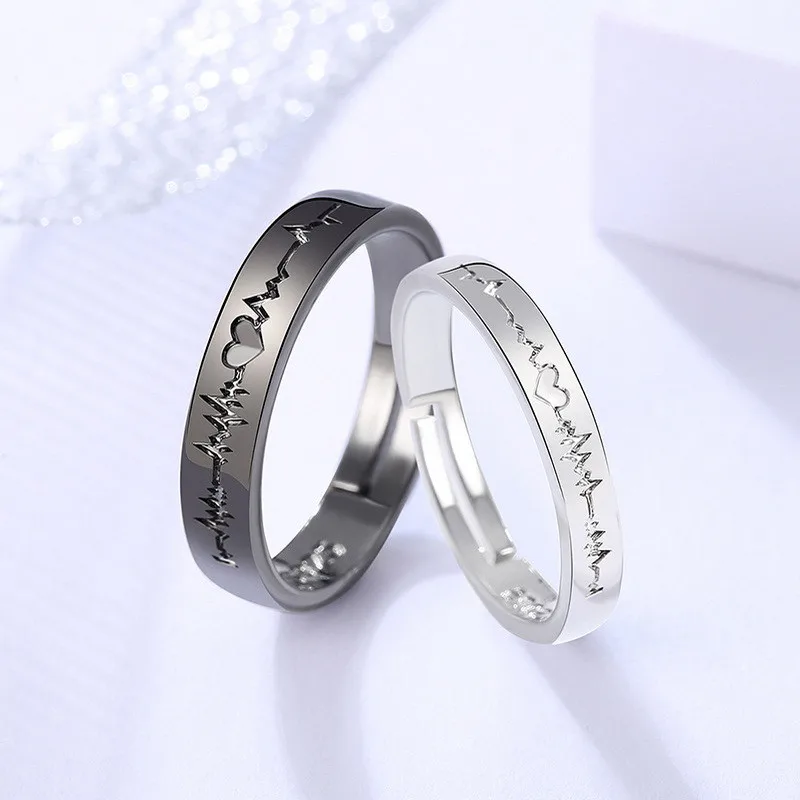 

Two rings Romantic Couple Rings For Women Men Punk Heart ECG Black White Forever Love Promise Wedding Ring Valentine'S Day Gift