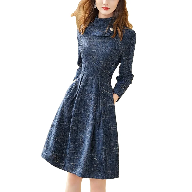 

Blue Wool Plaid Thin Dress Winter Women Half Turtleneck A-line Office Lady Elegant Dresses Casual Dresses Temperament Thin Waist