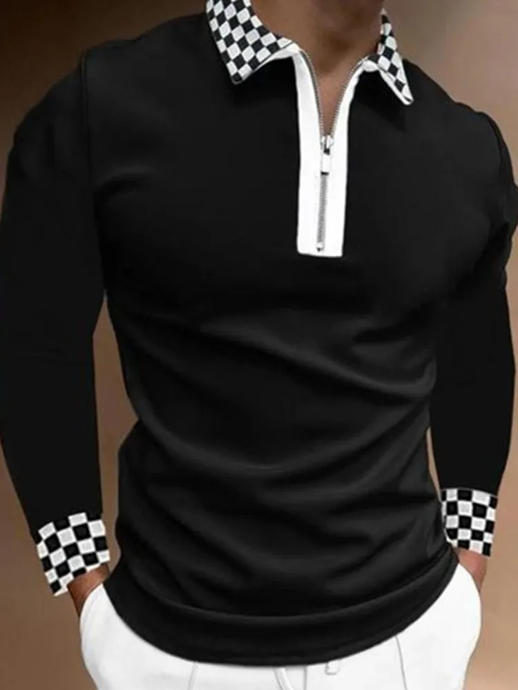 

Men's Zip and Lapel Printed Plaid Loose T-Shirt Long Sleeve Polo Shirt