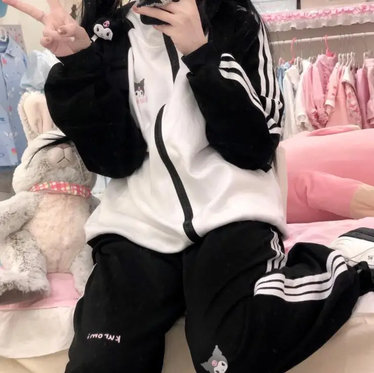 

Cute Girl Women Black White Patchwork Spring Autumn Sports Set Long Sleeve Zipper Jacket & Trousers Pants