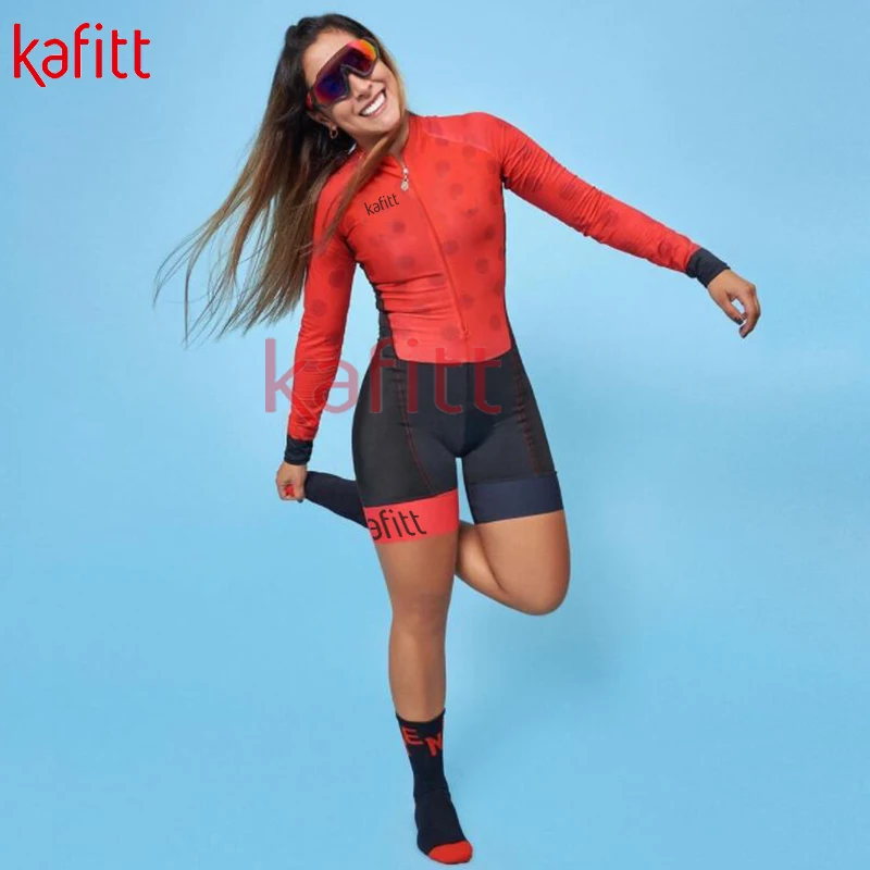 

Новый женский костюм для команды Kafeet Pro, Женский костюм для велоспорта, трико, велосипедный костюм с длинным рукавом, комбинезон, красный костюм