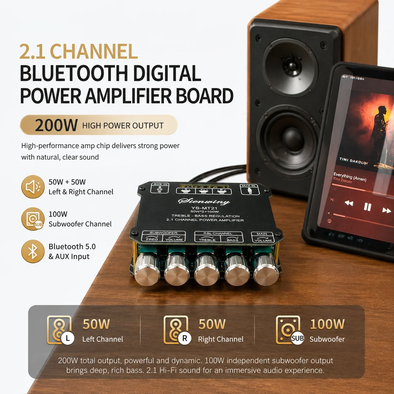Фото Плата усилителя Bluetooth 5.1 MT21, 2.1-канальный усилитель мощности 200 Вт (50/100 Вт*2+100 Вт) Hi-Fi, стереоусилитель для сабвуфера, AUX, USB №3