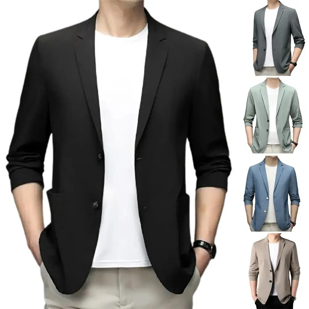 Lapel 3/4 Sleeves Commuting Suit Coat Solid Color Lapel Groo