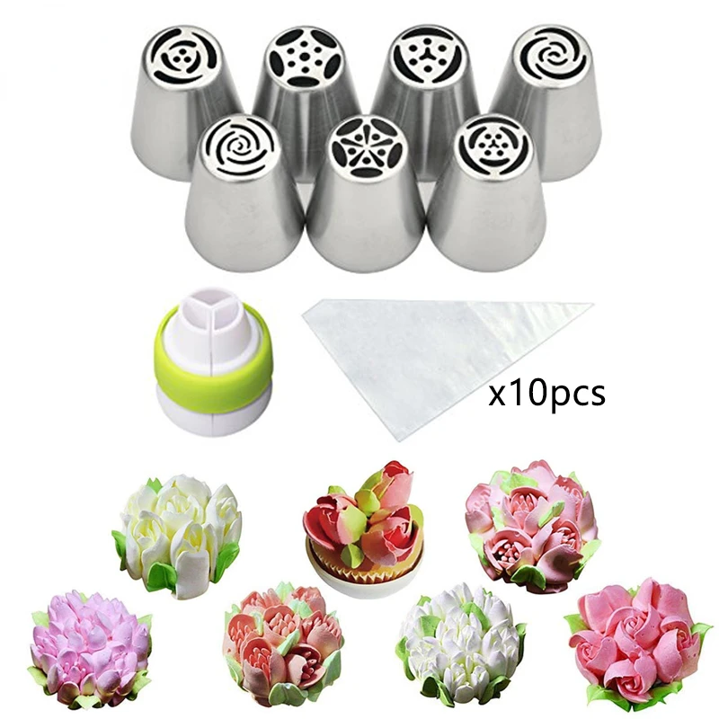 

Icing Piping Nozzles 18 Pcs/Set Russian Piping Tips Cake Decorating Russian Flower Tips 10 Pastry Bags 1 Tri-Color Coupler 628