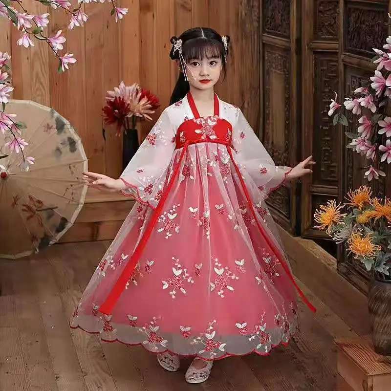 

New Hanfu Girls Spring and Autumn Children's Costume Dress 3-12 Years Old Girl Cherry Blossom Princess Dress Chinese Style Child