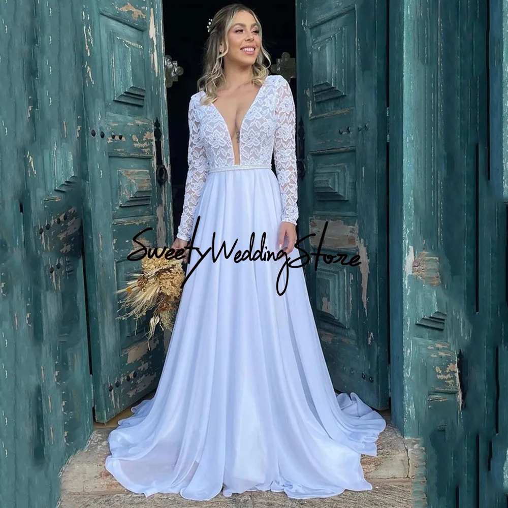 Купи Pure White Boho Wedding Dress Sexy V Neck Long Sleeve Bohemian Lace Chiffon A Line Beach Bridal Gown Open Back Vestido De Noiva за 4,967 рублей в магазине AliExpress