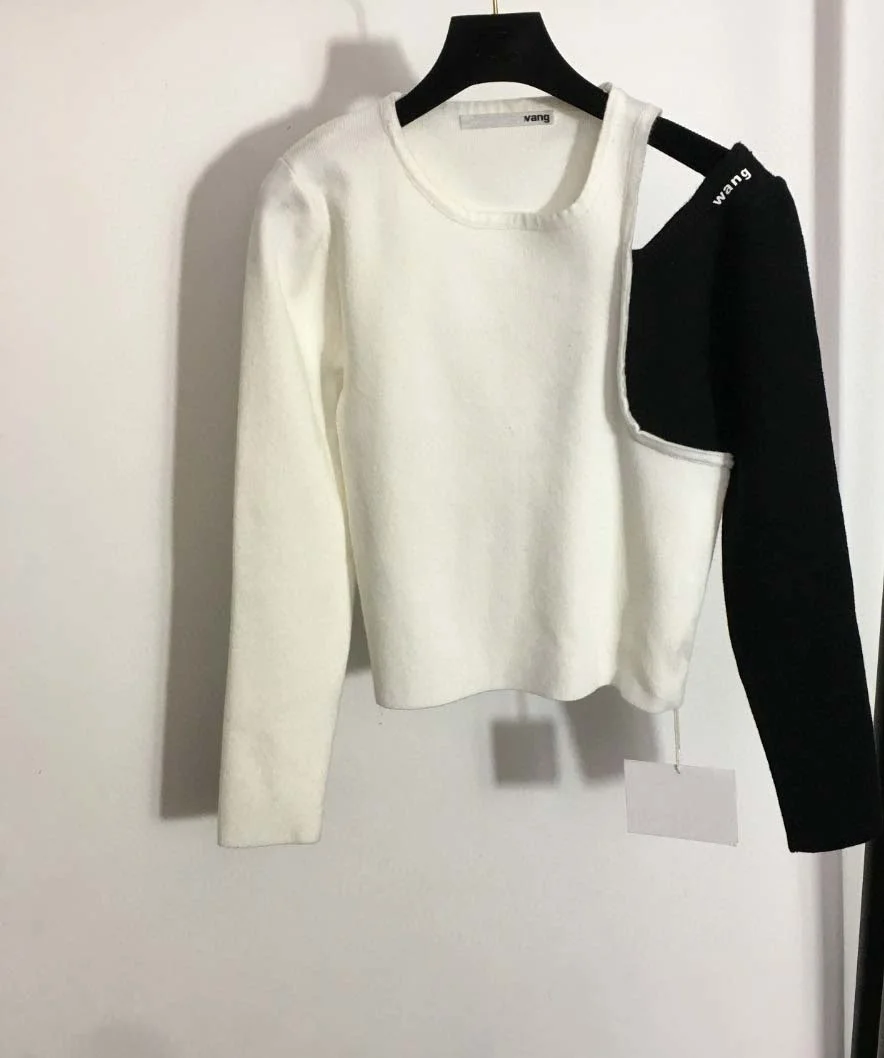 

Women's Autumn Hollow Shoulder Black White Long Sleeve Big Stretch Bottoming Sweater Shirts Tops