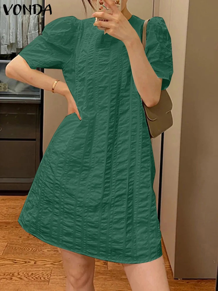 

Women Dress Fashion Summer Puff Sleeve Dresses 2023 VONDA Fashion O-Neck Solid Color Party Vestidos Robe Femme Oversized