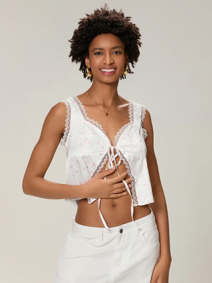 Женские укороченные топы с кружевной отделкой и цветочным принтом на бретелях