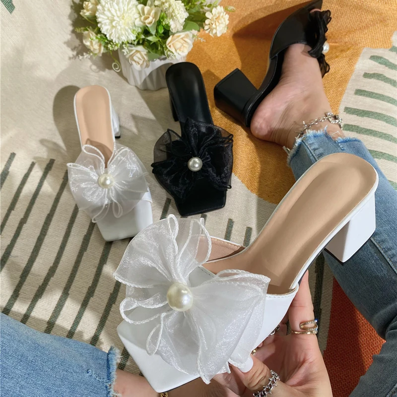 Женские сетчатые шлепанцы Kcenid на квадратном каблуке с цветами женские