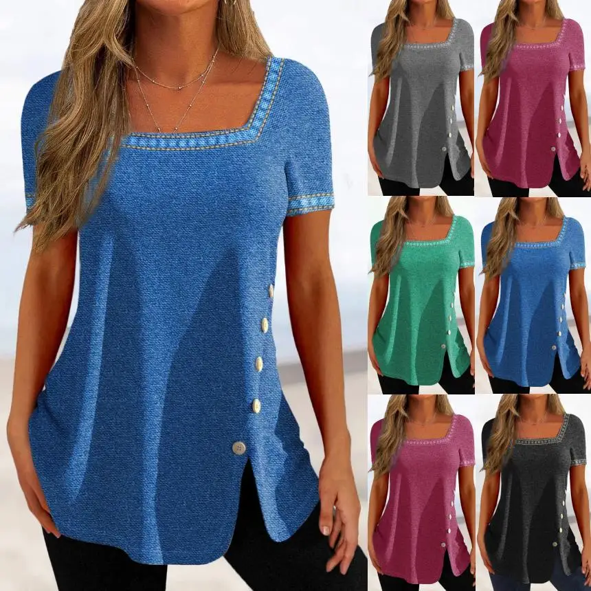 

Summer Women Tops Tees Femme V Neck T Shirts Button Split Vintage Casual Ruffles Short Sleeve Loose Sexy Boho Shirt