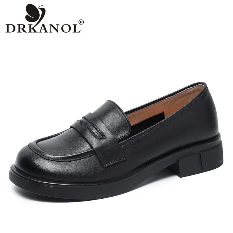 

DRKANOL Rerto Women Loafers Shallow Genuine Leather Slip On Flat Shoes Ladies British Style Round Toe Casual Leather Shoes