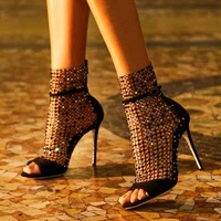 hollow women shoes bling rhinestone party sandals fashion peep toe mesh sandalias mujer sexy high heels gladiator chaussure femm