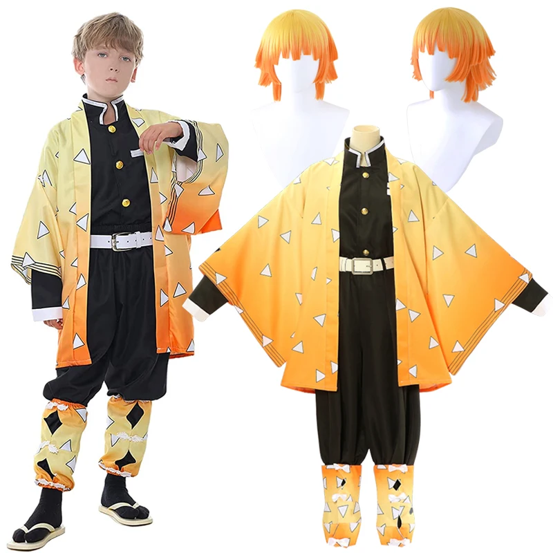 Demon Slayer Kimetsu No Yaiba Agatsuma Zenitsu Anime Cosplay Costume Kimono Halloween Party Costumes for Women Man Aldult Child