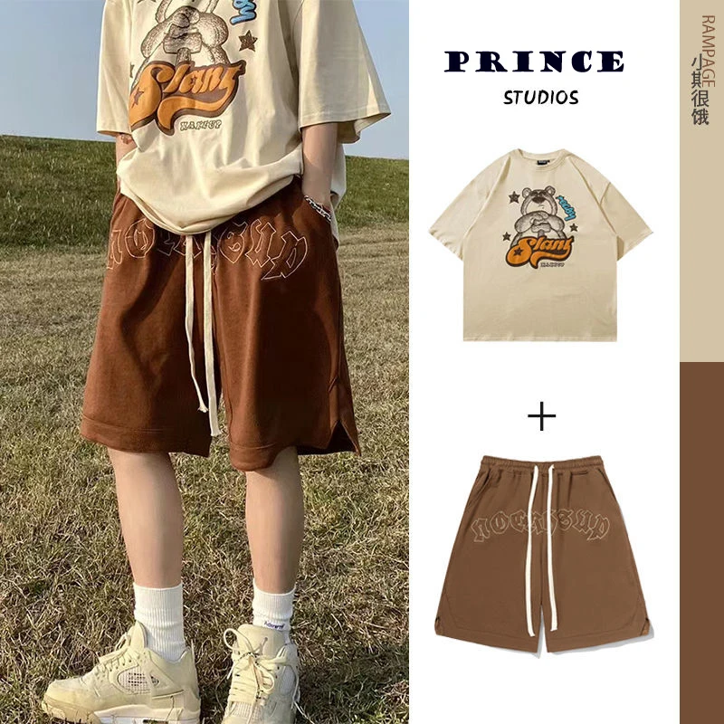 

Men's Summer embroidery letter T-shirts Short Pants 2Pcs Sets Oversized unisex O-neck Loose Tops Tees Man Casual Sport streetwea