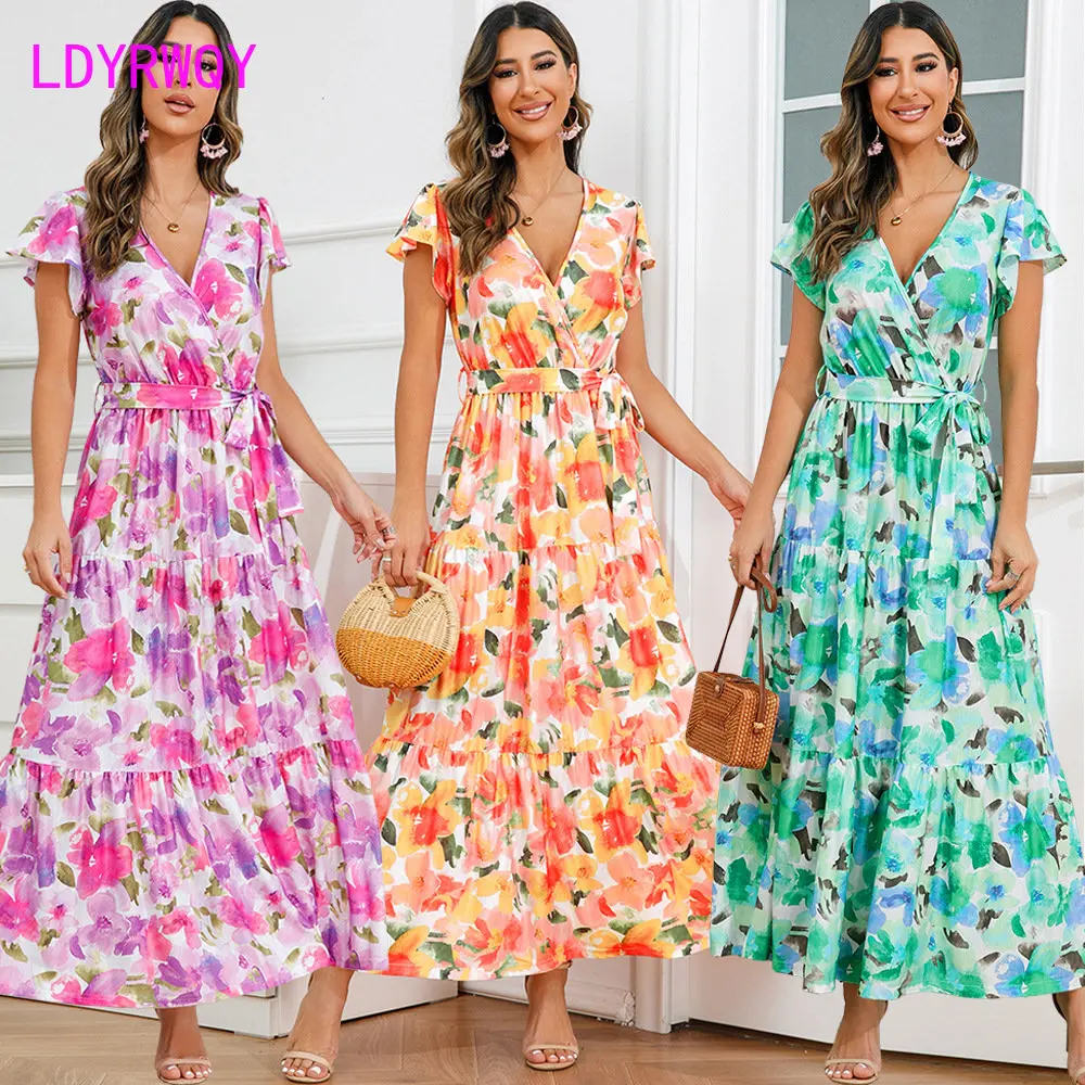 

2023 Summer Women's New V-neck Lotus Sleeve Dress Bohemian Print