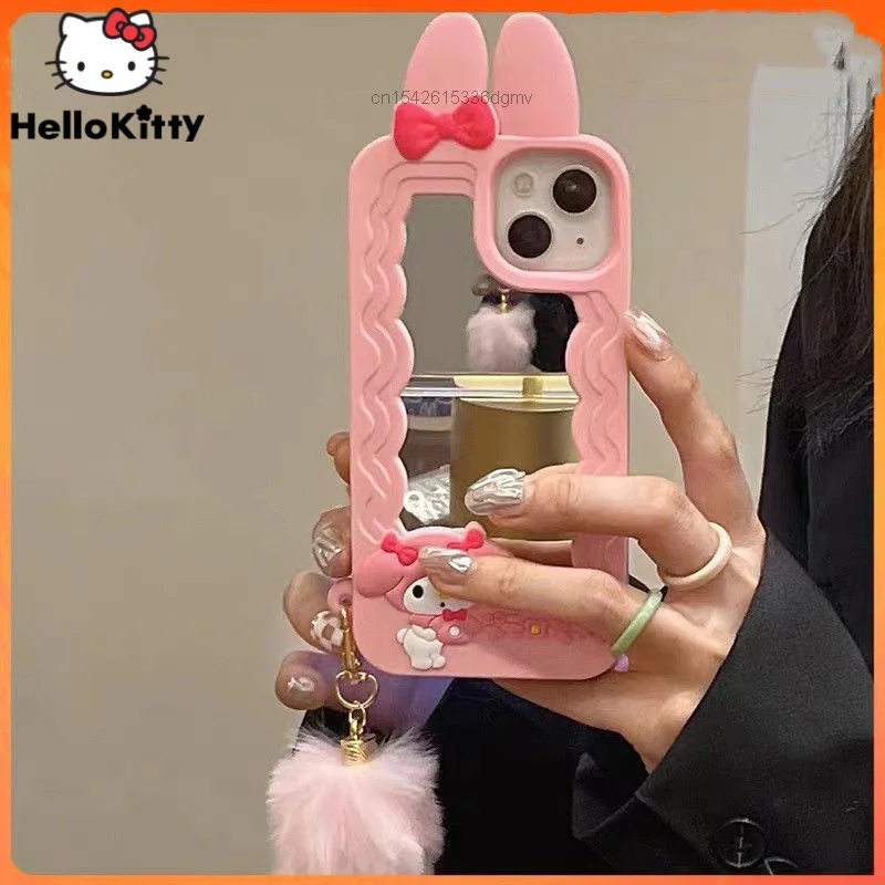 

Зеркальный телефонный чехол Sanrio My Melody с плюшевой подвеской для IPhone X Xr Xs 11 12 13 Pro Max 7 8 Plus, милый розовый чехол в эстетике