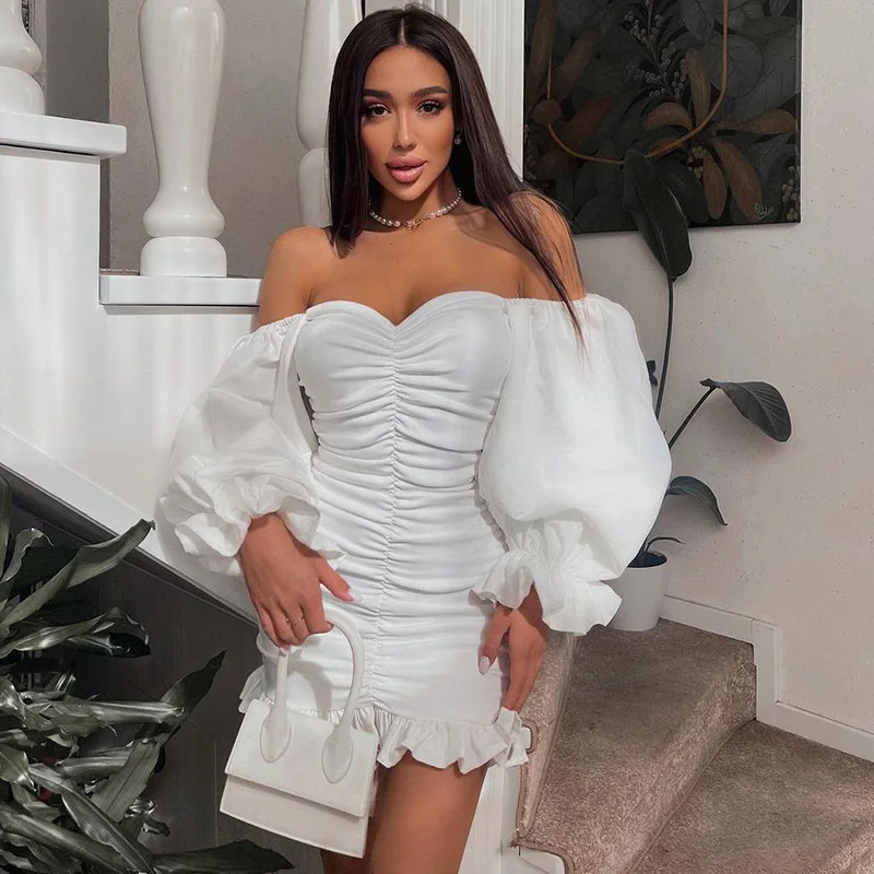 

Women's Clothing Bandage Dress 2022 New Autumn and Winter Sexy One Line Bra Wrinkled Lace Buttock Dress Women's White Dress