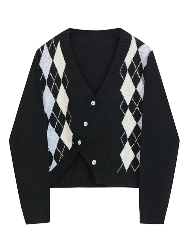 

Женский винтажный кардиган в клетку, трикотажный кардиган контрастных цветов с V-образным вырезом, Повседневный свитер в стиле преппи, моде...
