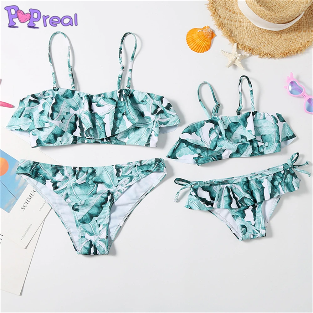 

PopReal New Summer Ruffle-Sleeve Leaf Print Matching Swimsuits Family Look Children Clothing Swimwear Women Swimsuit