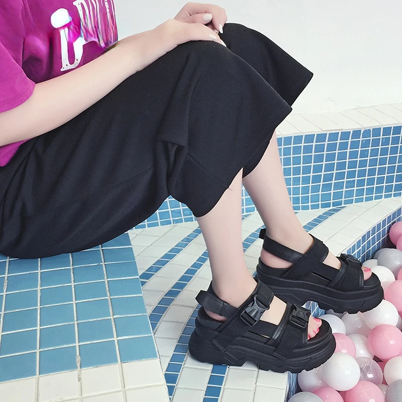 8cm Platform Sandals Women's Wedge Shoes Women's Buckle Leather Canvas Summer Zapatos Mujer Wedge Women's Sandals