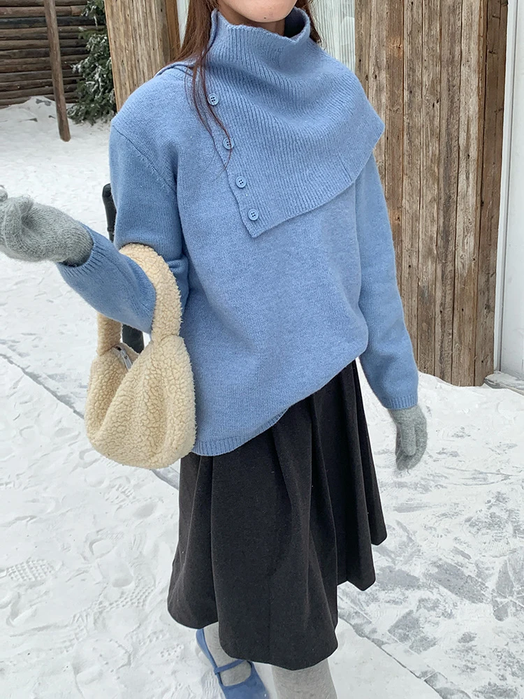 [EAM] Синий с шарфом большой размер вязаный свитер женские пуловеры круглым