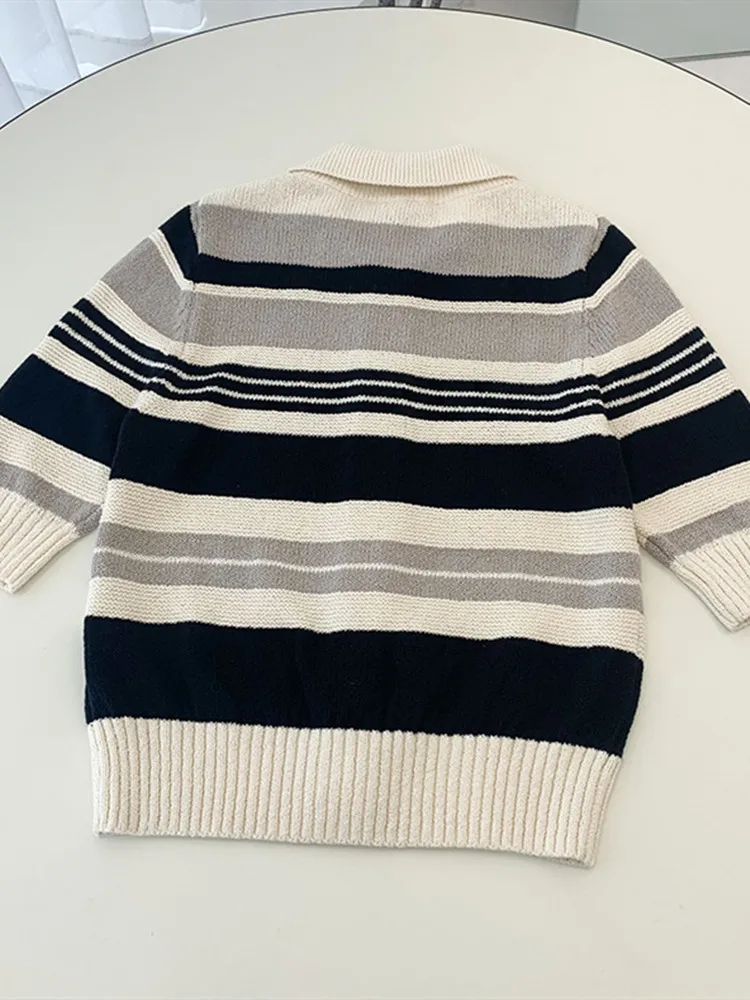 Женский полосатый вязаный свитер с отложным воротником Женская однобортная