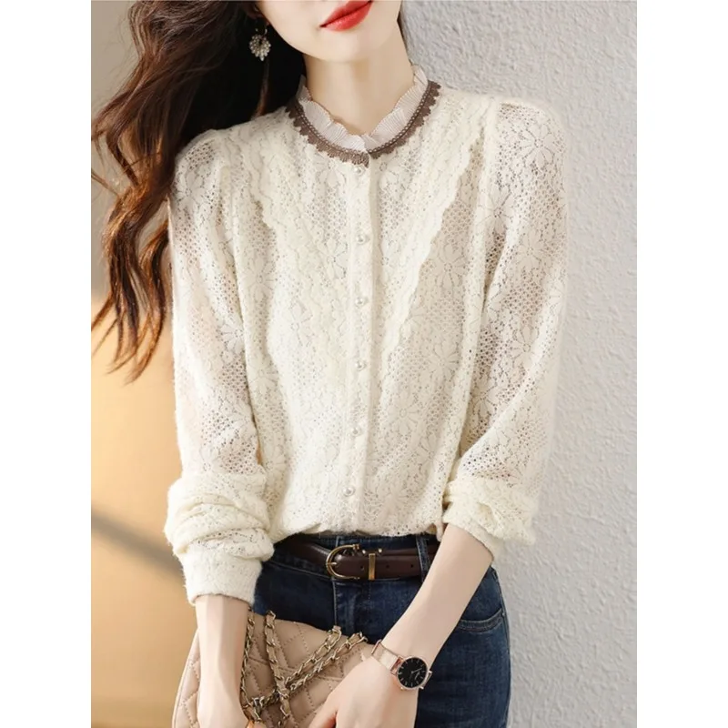 Женский кружевной топ с воротником-стойкой в Корейском стиле продвинутым