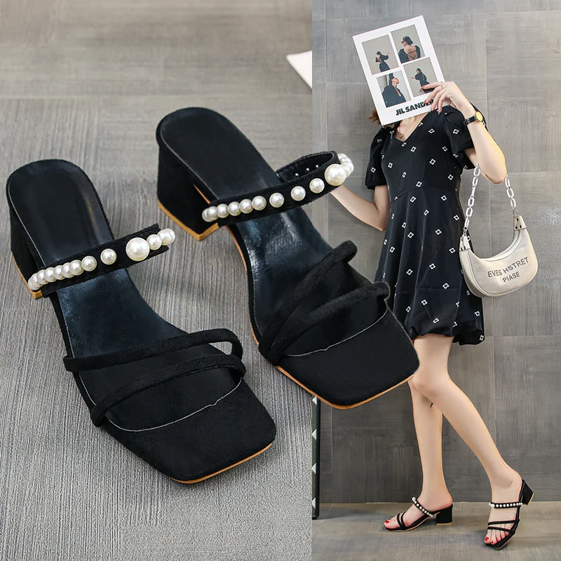 

New Women Sandals 2022 Female Summer Square Toe String Beads Ladies Black Middle Heels Female Casual Comfort Shoes Plus Size 45