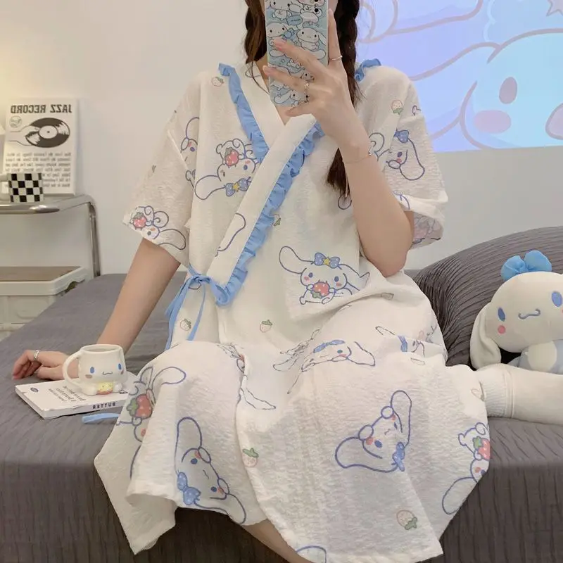 

Кавайная Пижама Sanriod аниме Cinnamoroll для женщин, летняя Домашняя одежда средней длины с короткими рукавами, ночная рубашка, которую можно носить на улице