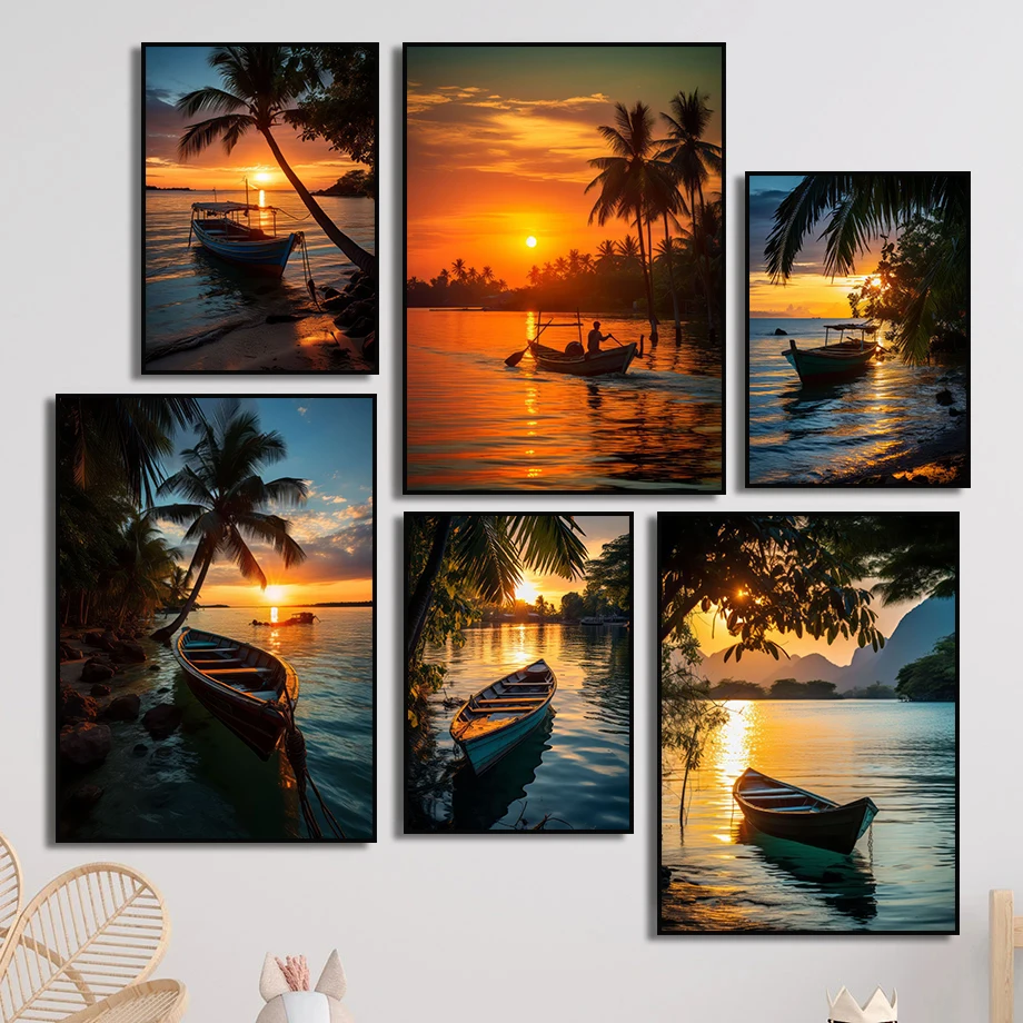 Тайская лодка плакаты Пальма морской закат природный пейзаж холст живопись