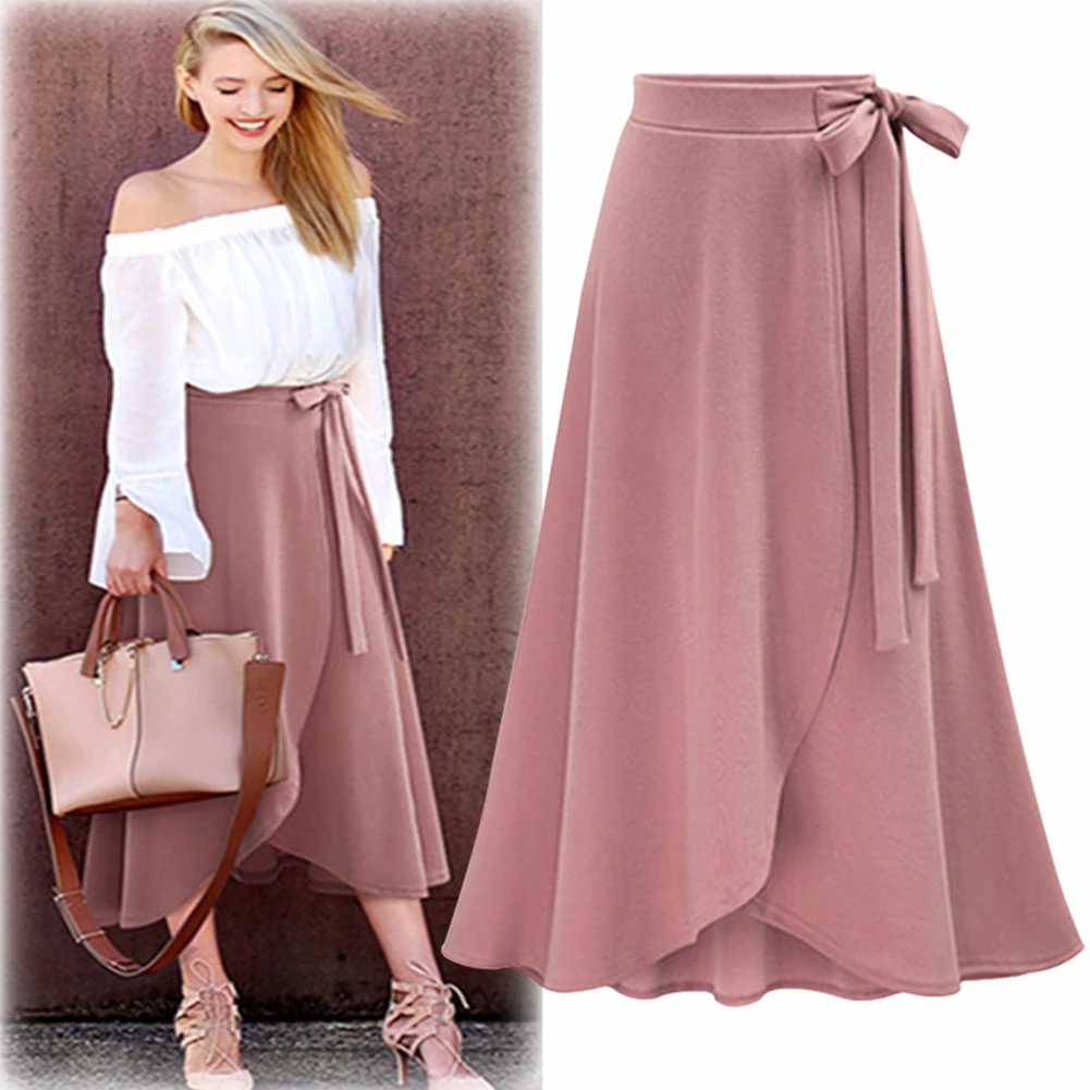 

Midi Spring Strappy Side Slit Empire Waist Cotton Blend Irregular Hem Party Casual Women Skirt Ladies Fashion Adult Solid