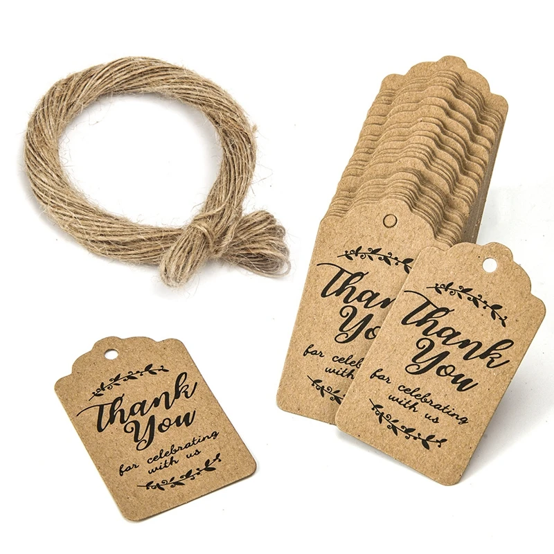 

100pcs Kraft Paper Tags DIY Handmade Thank You Hang Label with Rope Wedding Party Christmas Gift Wrapping Decoration Baby Shower