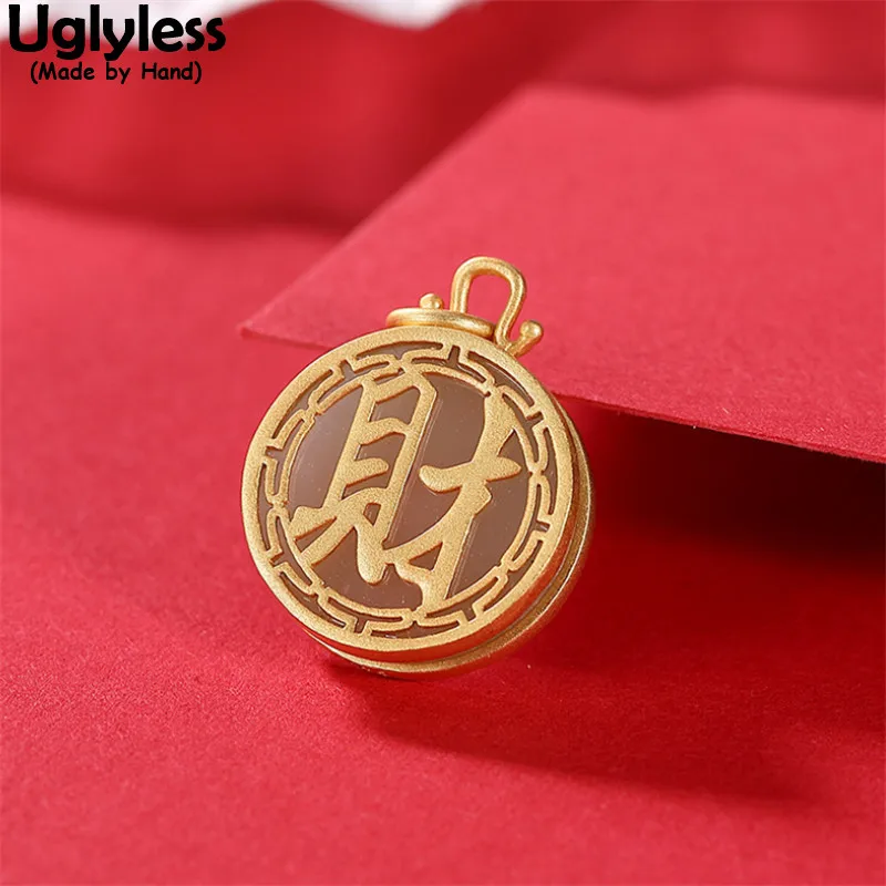 

Uglyless Magic Chinese CAI= Be Rich Gifts Jewelry for Women Natural Jade Gemstones Pendants Necklaces No Chains Gold 925 Silver