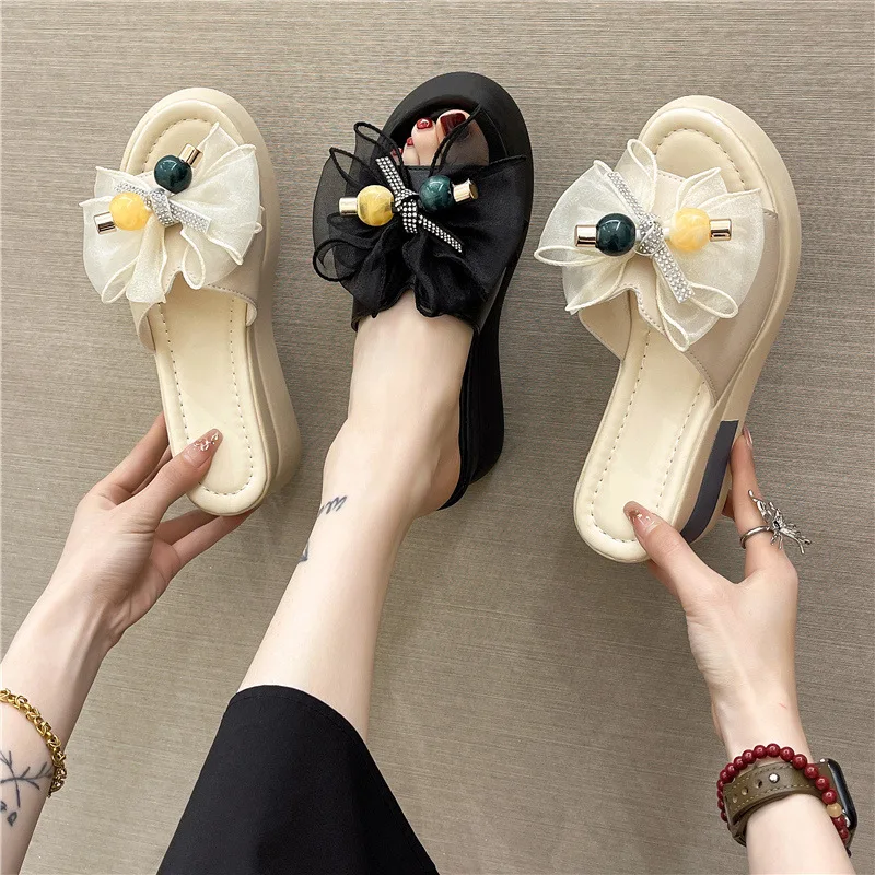 

Thick Bottom Bows Tie Slippers Female 2023Summer New Outer Wear Fashion Slope Heel Slippers Soft Bottom Non-slip Casual Slippers