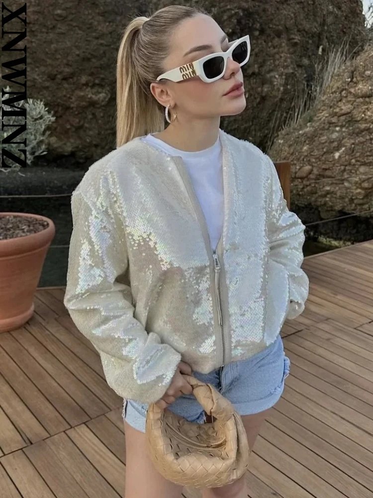 

XNWMNZ Women Fashion New Sequin Bomber Jacket Woman High Street O Neck Long Sleeve Zipper Coat Female Chic Top
