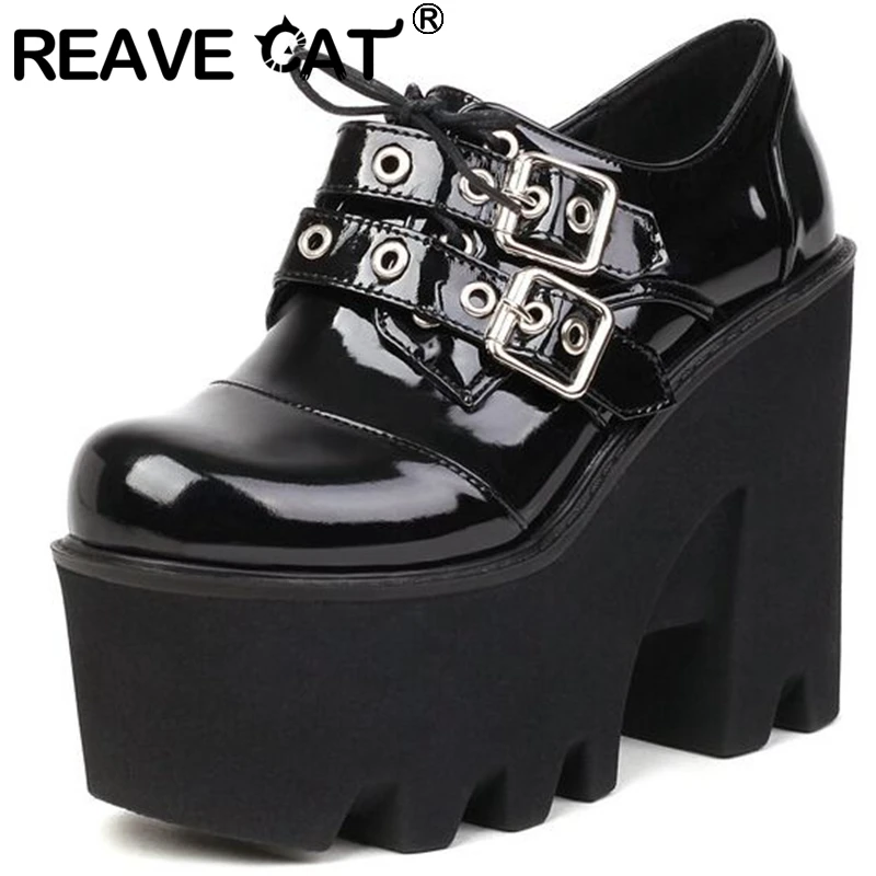 

REAVE CAT Platform Women Pumps Round Toe Chunky Heels Buckle Straps Lace-Up Casual Solid Big Size 36-44 Black Brown Spring S3371
