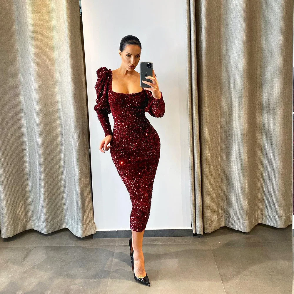 

Glitter Burgundy Sequin Prom Dresses Square Neck Puff Sleeve Evening Gown Mermaid Pageant Dress Tea Length Graduation Party Wear