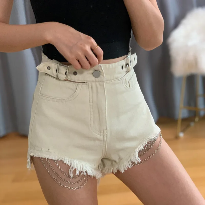 Fashion Black Jeans Shorts Raw Edge Women Y2k Straight Streetwear High Waisted Chain Summer Vintage Korean Denim Shorts Casual