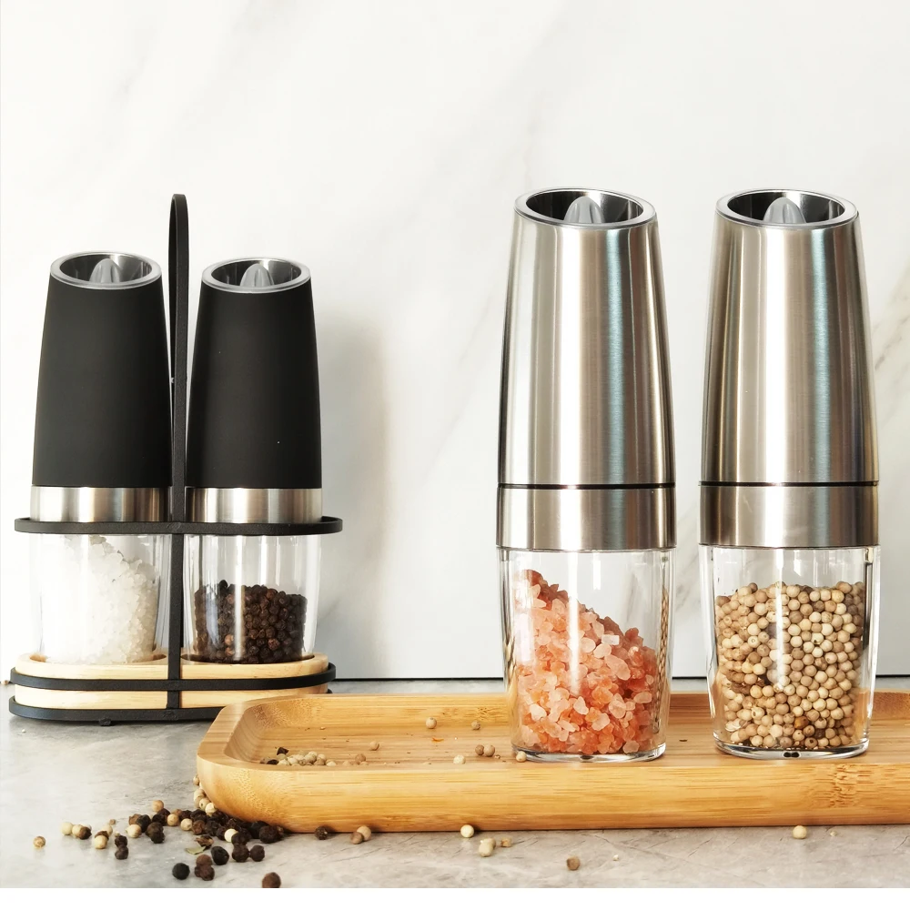 2PCS Electric Salt Pepper Grinders Stainless Steel Automatic Gravity Herb Spice Mill Adjustable Coarseness Kitchen Gadget Set