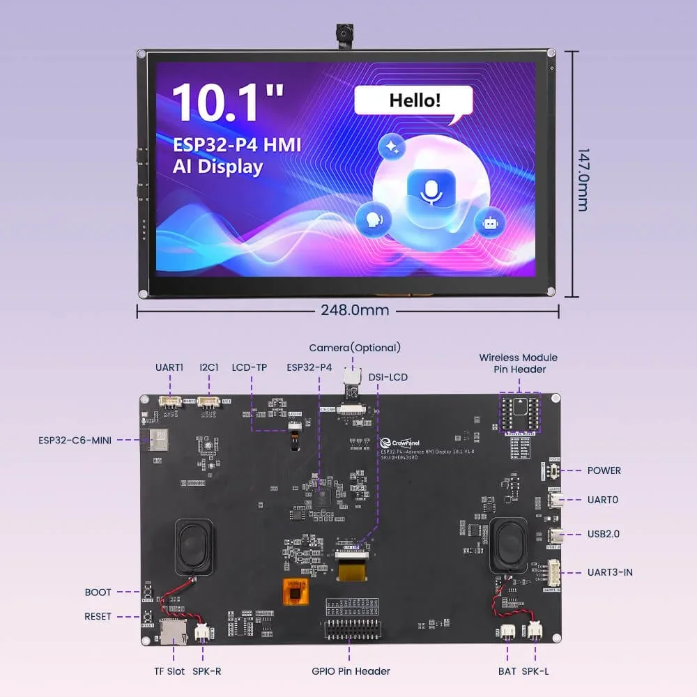 Фото Усовершенствованный дисплей CrowPanel 10.1 дюйма ESP32-P4 HMI AI с сенсорным экраном IPS 1024x600, совместимый с WiFi 6, Arduino/LVGL/Micropython №5