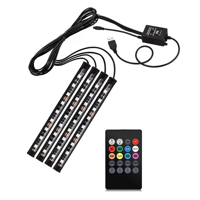 4X DC12V 9 светодиодов RGB для салона автомобиля атмосфера полоса ног USB-зарядное