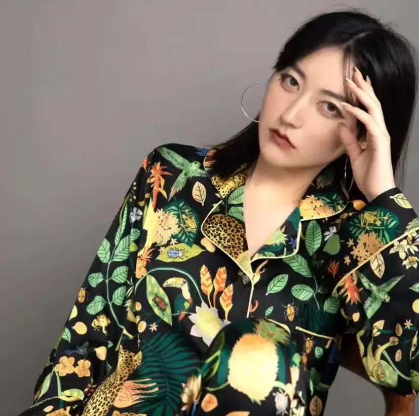 Silk Satin Forest Green Printed Pajama Set Homewear Sleepwear for Women Summer 2 Pieces Long Sleeve Pyjama Homewear 2023 New