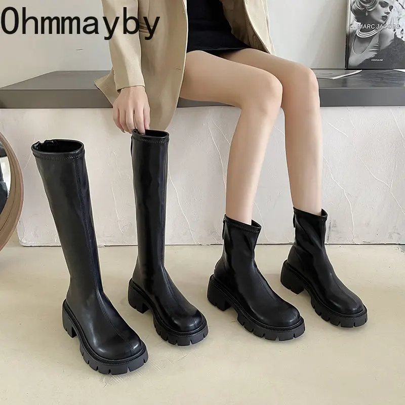 

2022 Winter Black Women Thigh High Boots Ladies Shoes Back Zippers Platform Soft PU Leather Long Knight Boots Shoes