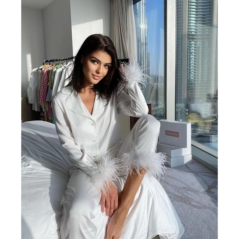 QWEEK Two Piece Pajamas Women Feather Detail Lounge Set Female Autumn Long Sleeve Pijamas Solid Pyjamas Casual Sleepwear Suit