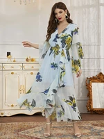 toleen women chic elegant maxi long dresses 2022 summer v neck ruffled floral print turkish evening party festival robe vestidos