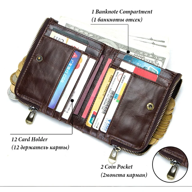 Leather Men's Wallet Anti-theft Brush RFID Multifunctional Double Zipper Vertical Wallets Casual Credit Card Holders Coin Purses