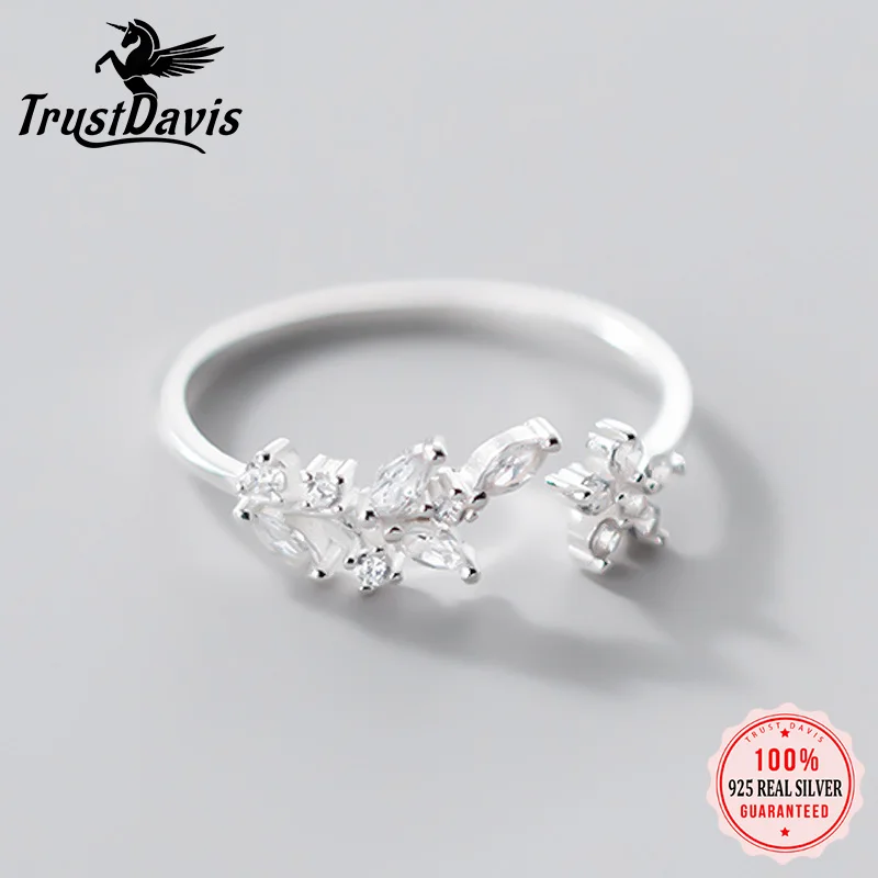 

TrustDavis Real 925 Sterling Silver Fashion Sweet Leaves Opening Cocktail Ring For Women Girls Kids Xmas Jewelry Gift DD916